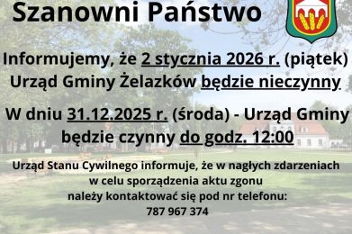 Godziny pracy Urzędu w dn. 31.12.2025r. i 02.01.2026r.